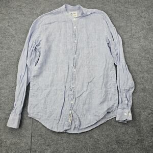 Greek Island Breeze Shirt Womens Large Blue Stripe Linen Button Up Coastal Beach